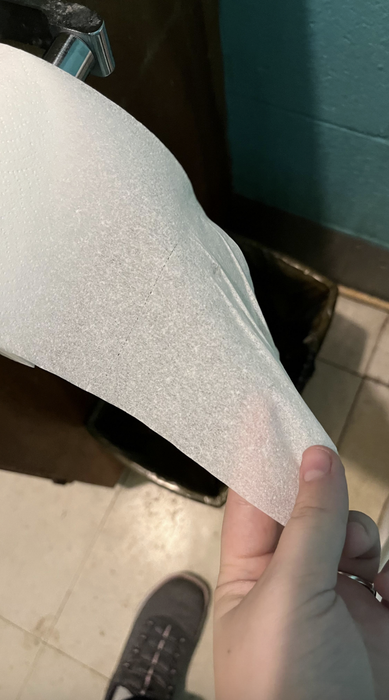 A hand is shown holding a flimsy, transparent piece of toilet paper, which is unrolling from a dispenser