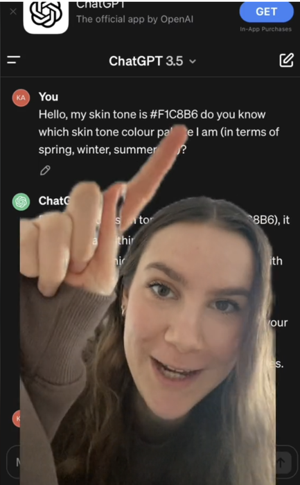 A woman is seen discussing skin tone palettes during a Zoom-like call. On-screen text reads: 'Hello, my skin tone is #F1C8B6. Can you tell me which seasonal color palette (spring, winter, summer) suits me?'