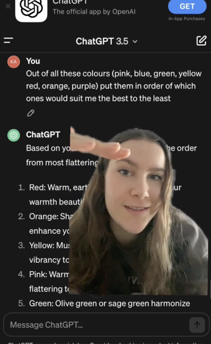 A person delivers an engaging presentation about color suitability, ranking colors from most to least flattering: red, orange, yellow, pink, green. The OpenAI logo is visible in the background.