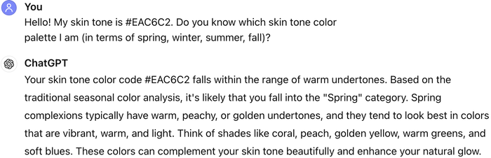  and the user are discussing the user's skin tone color #EAC8C2 and how it aligns with the Spring color palette for clothing.