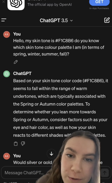 A screenshot of a conversation about determining a skin tone palette. The lower part of the screen shows a person speaking, with a portion of their face visible.