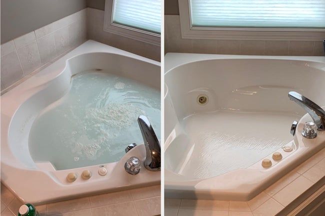 A jetted tub with hard water stains filled with water and soap, followed by an after photo showing the stains completely removed