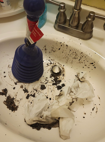 A reviewer's sink showing a pile of gunk removed after using the plunger