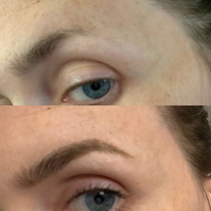 A reviewer’s brow before and after filling it in with the eyebrow pencil, showcasing a fuller, more defined look