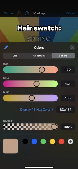 The image depicts a color selection panel in Markup, featuring red, green, and blue sliders set to 189, 161, and 135, respectively, alongside a hex code and opacity controls.