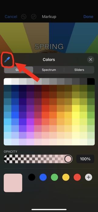 The image displays a screenshot of a color selection tool on a device, with a red arrow pointing to a blue pen icon. The background is labeled 'SPRING.'