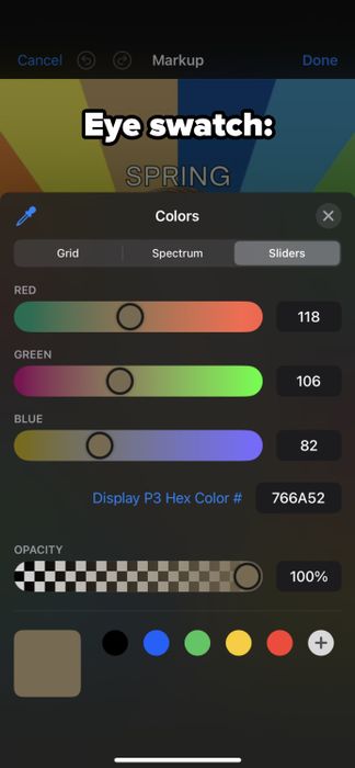 A screenshot of the iPhone Markup tool displays color selection sliders for red, green, and blue, along with opacity settings.