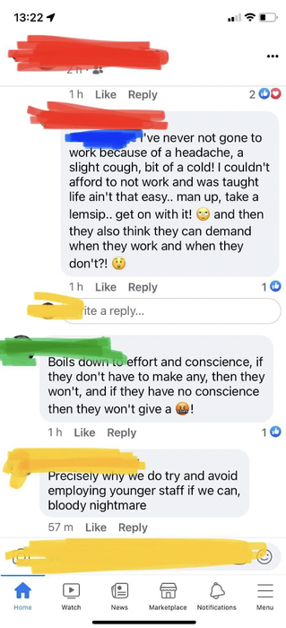 A post from a boss venting about young employees frequently calling in sick, with others chiming in to say they avoid hiring younger workers for the same reason.