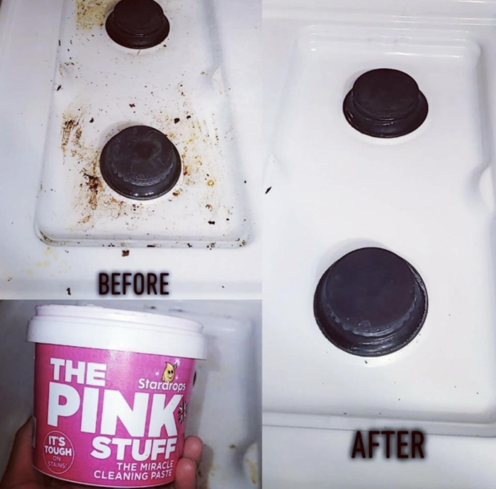 A before-and-after customer review photo showcasing The Pink Stuff's effectiveness on a stovetop