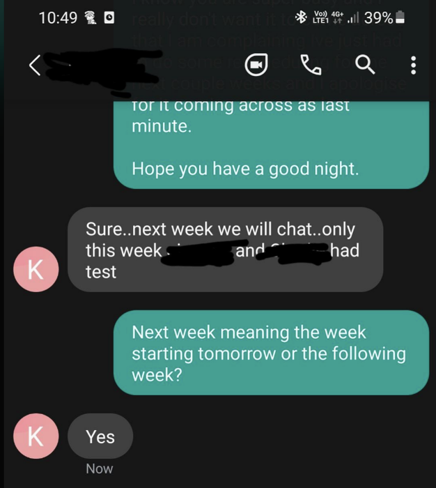 A text conversation about scheduling a meeting for the following week, with repeated confirmations exchanged back and forth