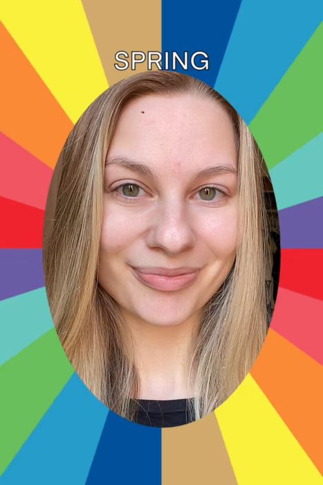 A close-up of a smiling woman with the word 'SPRING' above her, set against a vibrant, rainbow-colored backdrop