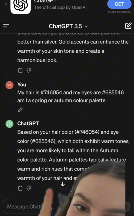 A user inquires with whether they belong to the spring or autumn color palette. , analyzing hair color #746054 and eye color #685546, suggests the user likely fits into the autumn palette.