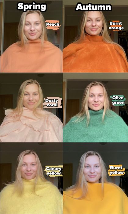 Six side-by-side images of the same person, each wearing pullover sweaters or tops in various textures. The person is smiling in every photo, and no names are provided.