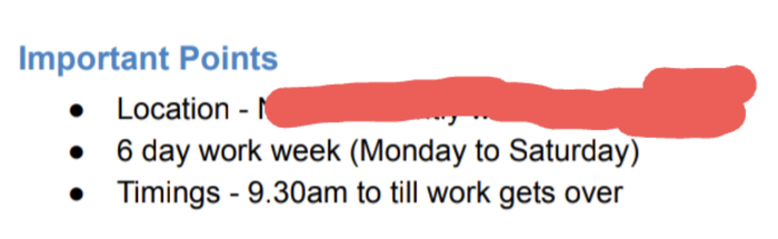 Summary of the text from the job application image: Key points: Location is withheld, it's a six-day work week (Monday to Saturday), from 9:30 am until the day's work is completed; eager to have you join us!
