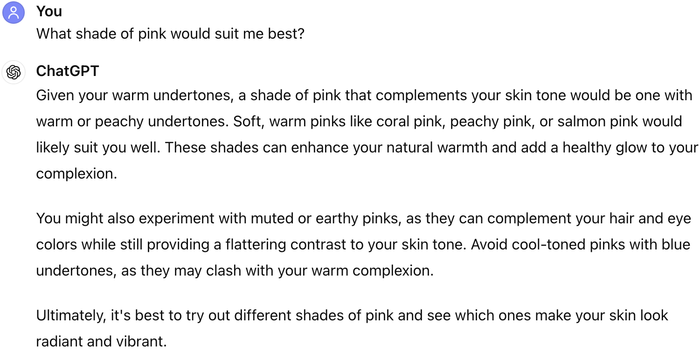 A screenshot of a conversation discussing which pink shades suit warm undertones, with recommendations like peach, coral, and golden yellow.