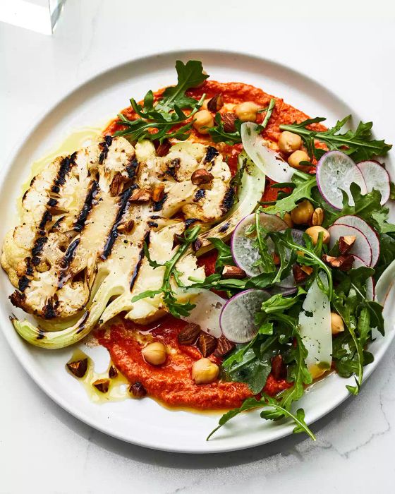Recipe for Grilled Cauliflower Steaks with Romesco Sauce and Manchego Cheese