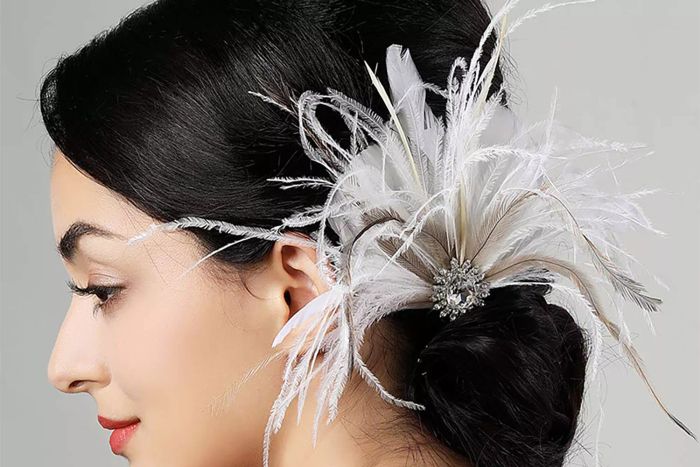 Bridal 1920s Flapper Feather Hair Clip Pin with Crystal White Feathers