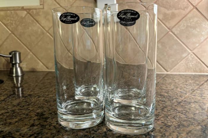 The Luigi Bormioli Set of 4 Classico Tall Beverage Set, still displaying brand stickers
