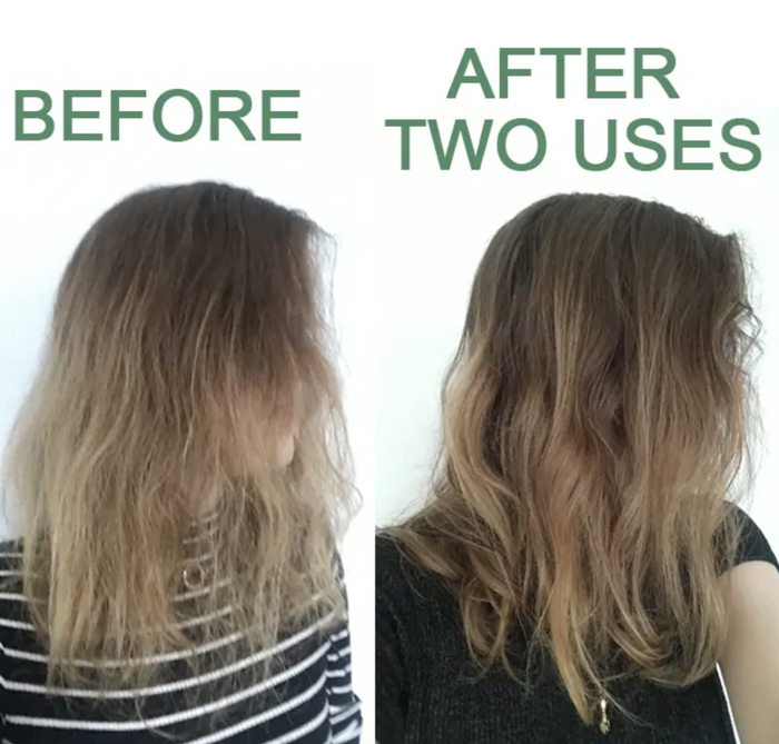 An editor's hair transformation after two uses, showcasing significantly softer strands