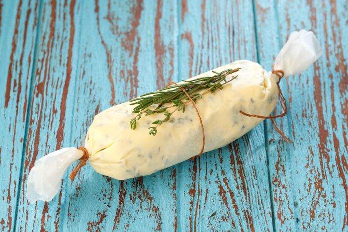 Homemade compound butter rolled into a log.