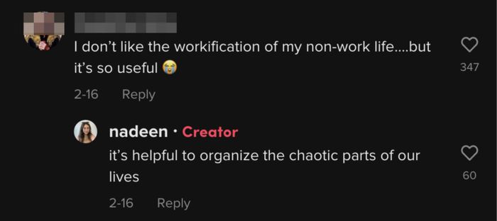 One person commented, "I’m not a fan of bringing work-like structure into my personal life...but it’s surprisingly effective [crying, laughing emoji]," to which Nadeen responded, "it helps bring order to the chaotic aspects of our lives."