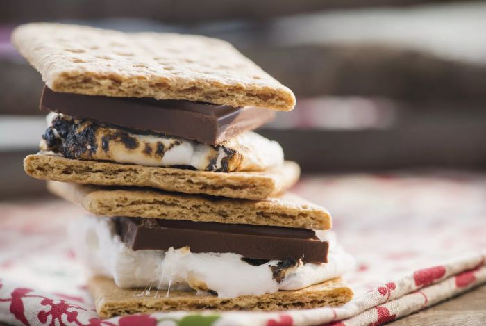 Two s'mores layered on a decorative napkin