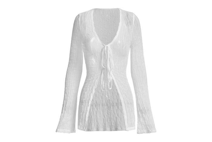 Verdusa Women's 90s-Inspired Bell Long Sleeve Tie-Front Textured Top