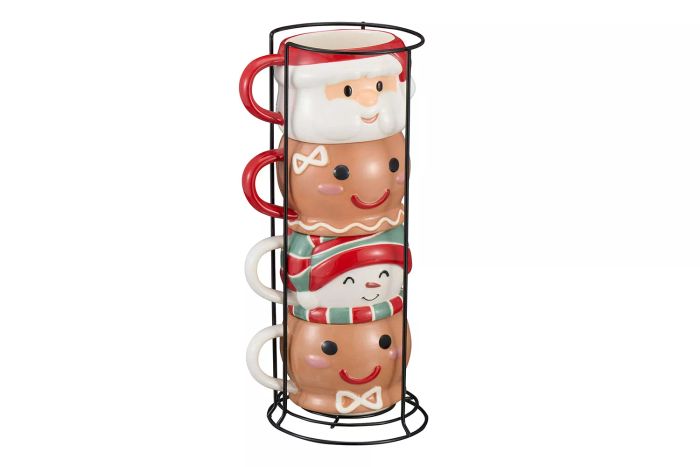 Holiday Time 12oz Glazed Ceramic Mug Set featuring Holiday Character Designs, accompanied by a Metal Rack