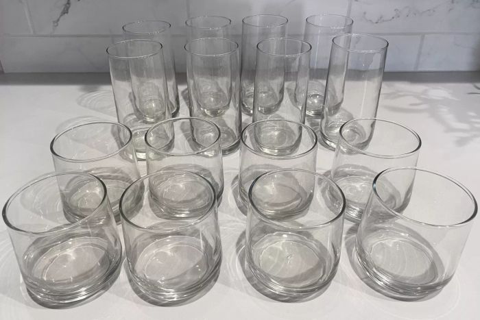The Libbey Ascent 16-Piece Assorted Glassware Set displayed on a white countertop