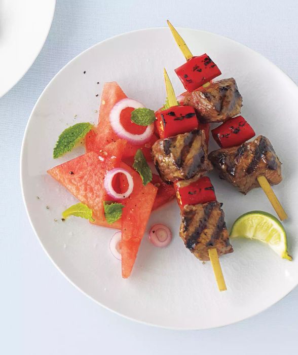 Zesty Beef Kebabs Paired with Refreshing Watermelon Salad