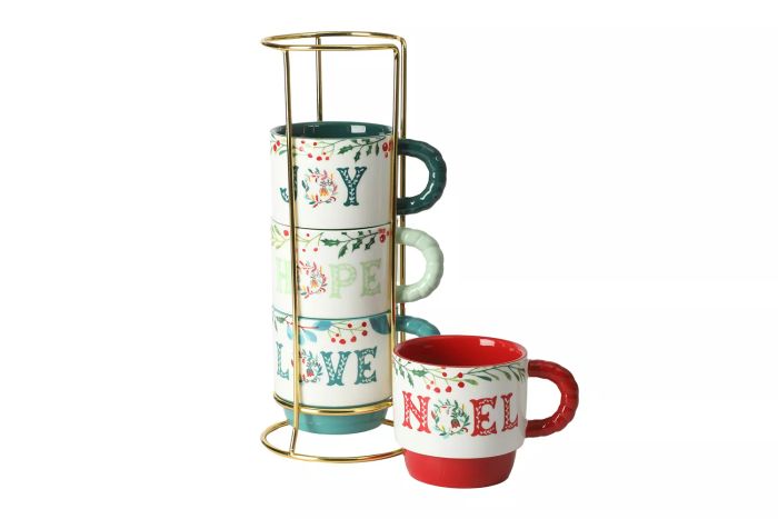 The Pioneer Woman Merry Meadow Sentiments Set of 5 Stacking Mugs, 12.5oz Stoneware, with a Convenient Rack