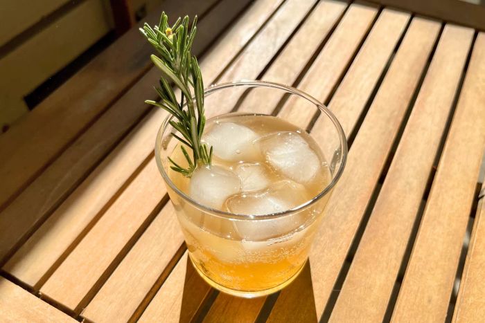 A Bormioli Rocco Bodega Collection Glassware glass filled with a chilled beverage, ice, and a sprig of rosemary