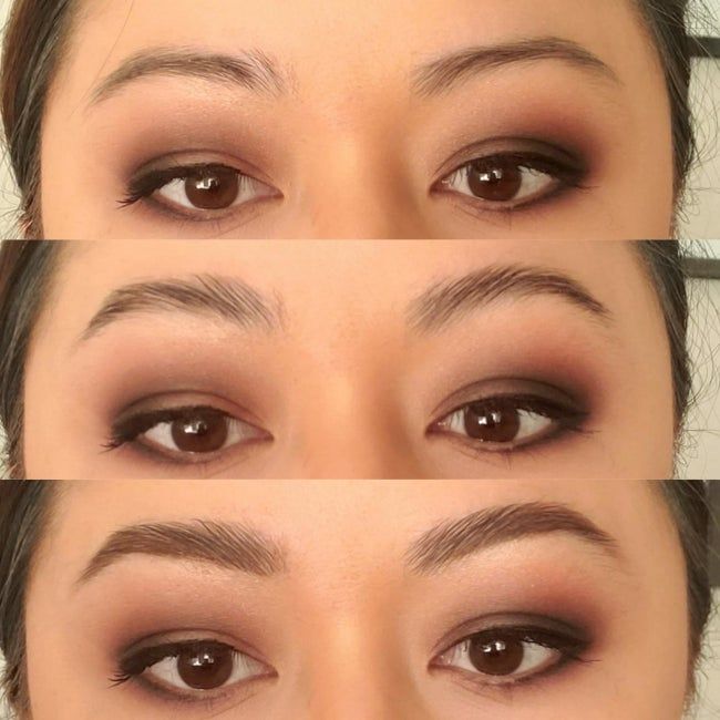 A reviewer's transformation showing brows before application, after application, and fully filled in