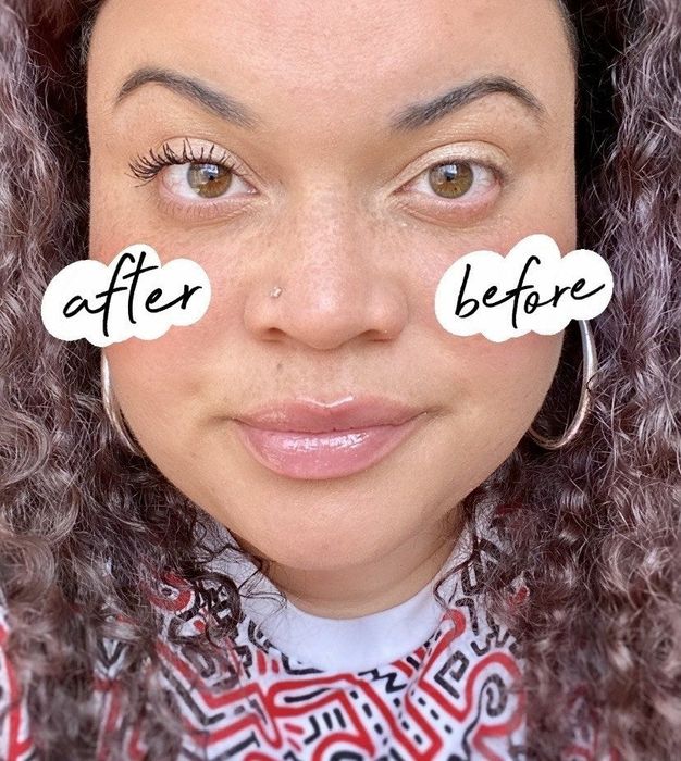 A Mytour editor's before-and-after photos showcasing lashes that appear darker, longer, and more defined after using the mascara