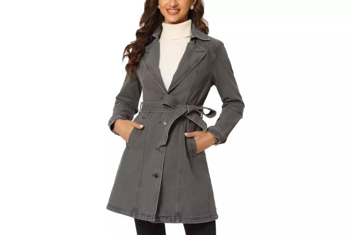 Allegra K Women's Notched Lapel Belted Trench Long Denim Jacket