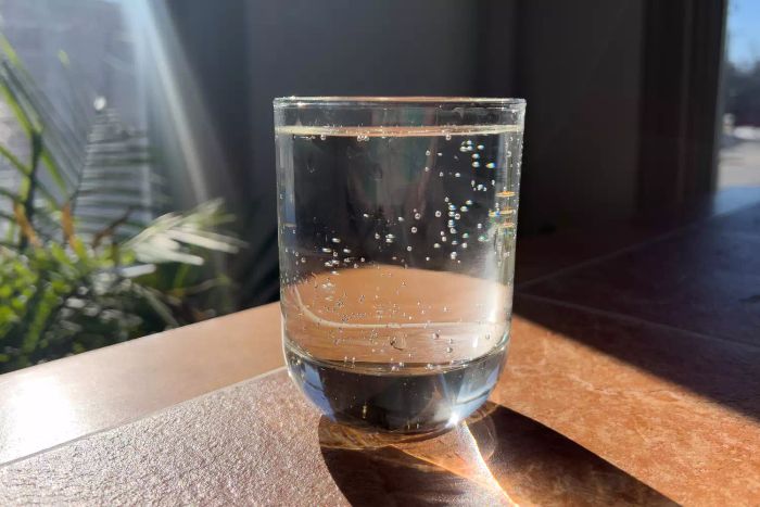 A Libbey Polaris 16-Piece Tumbler and Rocks Glass Set glass filled with seltzer water