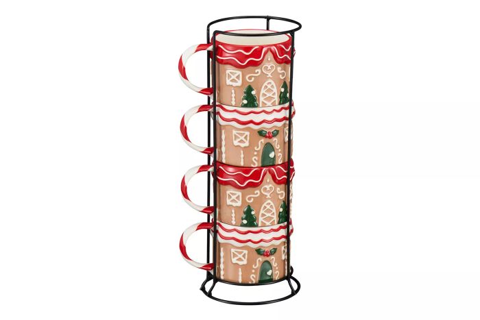 Holiday Time 12oz Gingerbread House Glazed Stoneware Ceramic Stacking Mug Set with Metal Rack