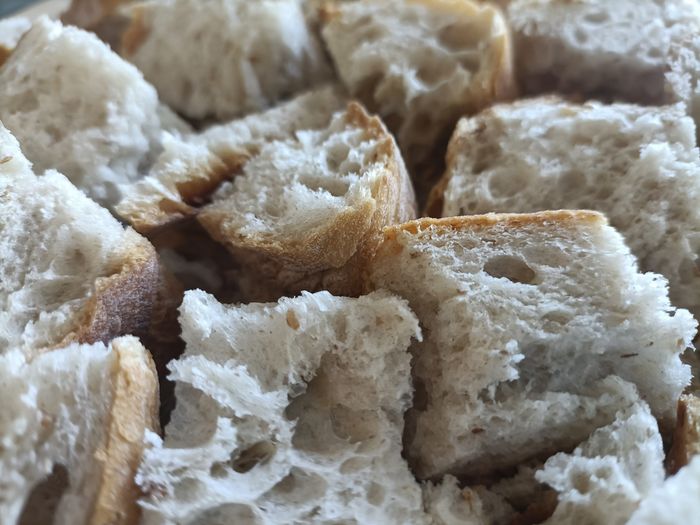 A close-up of rustic bread pieces.