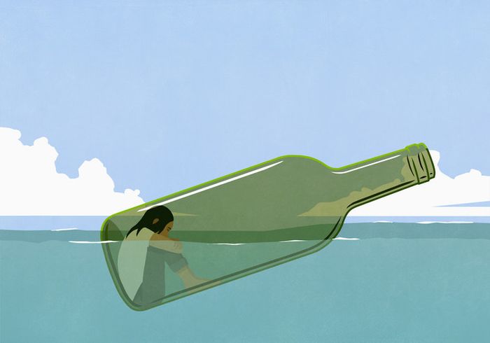An illustration of a bottle floating in the ocean with a person sitting inside of it
