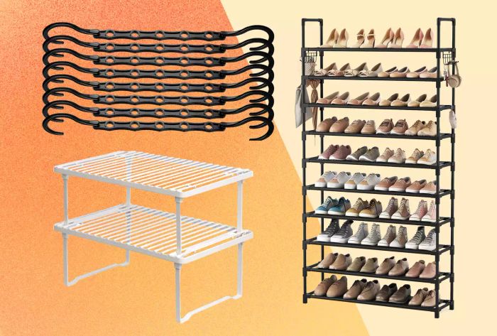 A collage showcasing three recommended closet organizers from Amazon, displayed on a vibrant orange background