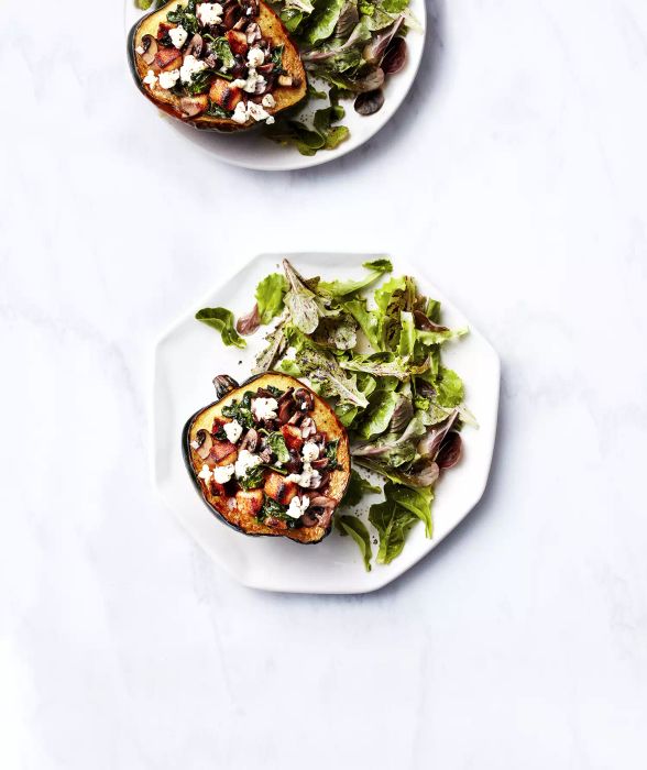 Goat Cheese and Mushroom–Stuffed Acorn Squash