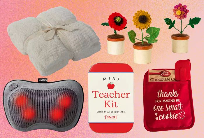 A vibrant collage showcasing our top-recommended gifts for educators, set against a soft pink backdrop