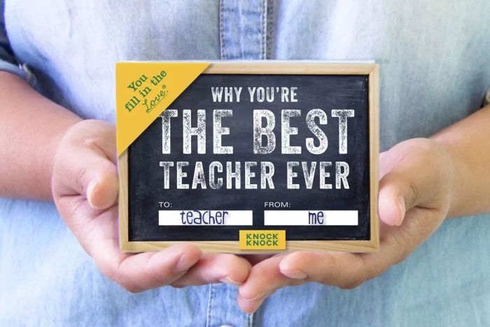 A person holding the Knock Knock Why You're the Best Teacher Ever Fill in the Love Book