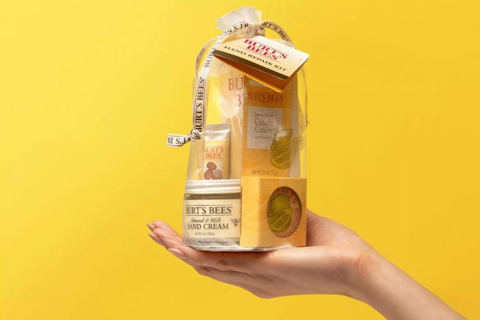 A person showcasing the Burt’s Bees Hand Repair Gift Set