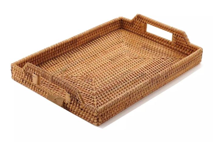 Hand-Woven Rattan Serving Tray with Handles for