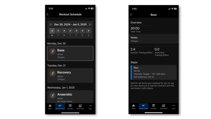 Here are some screenshots displaying the upcoming schedule of Garmin Coach, along with the layout of a Base workout.