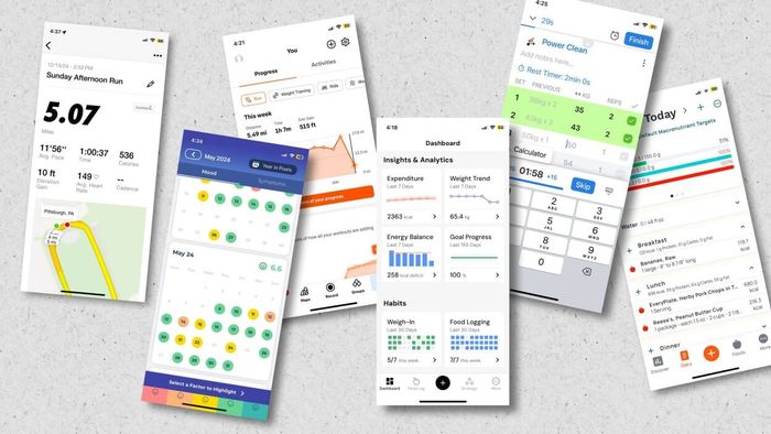 Screenshots featuring Nike Run Club, Bearable, Strava, MacroFactor, Hevy, and Cronometer