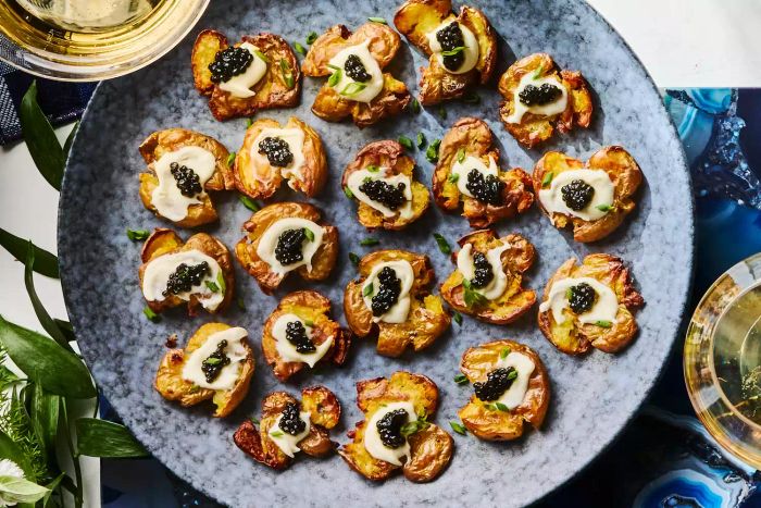 Smashed Potatoes with Caviar and Creme Fraiche