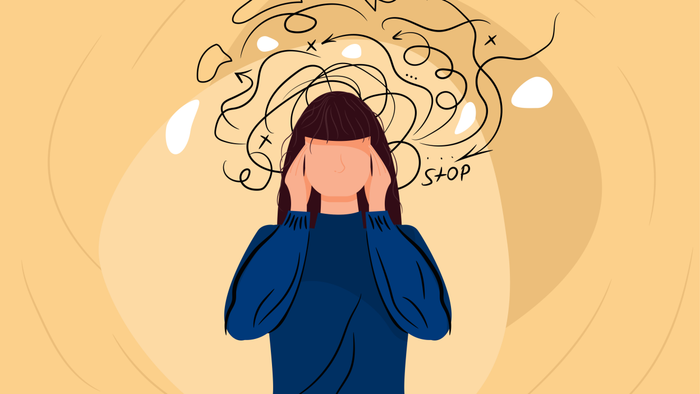 A depiction of a woman overwhelmed by anxious thoughts. She is massaging her temples as swirling thoughts occupy her mind.