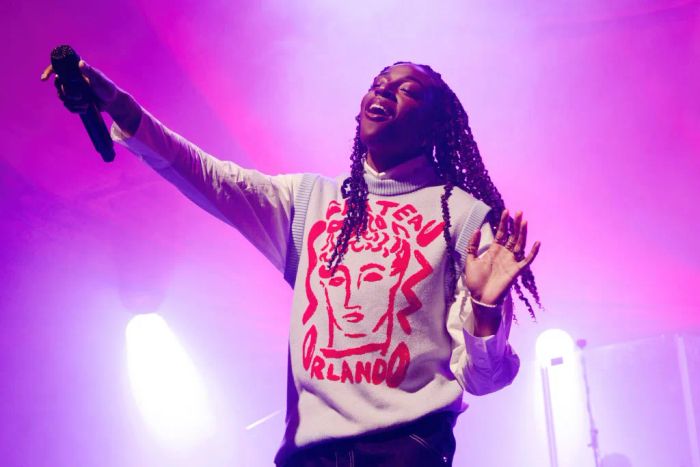 An artist stands on stage, dressed in a vibrant graphic sweater with an abstract design, gripping a microphone, and delivering a powerful performance under dazzling stage lights